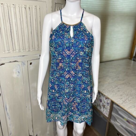 As U Wish Blue Green Geometric Halter Neck Metal Detail Shift Dress Size Small - Picture 14 of 15